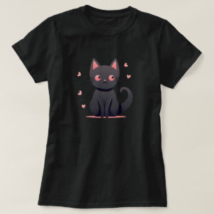 Cute Pastel Goth Black Cat with Pink Hearts Tee