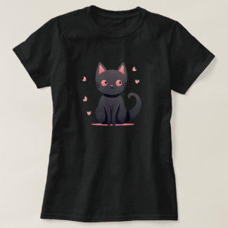 Cute Pastel Goth Black Cat with Pink Hearts Tee