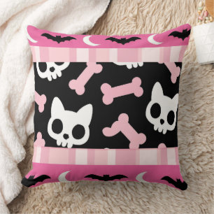 Cute Pastel Goth Halloween Cat & Bat Cushion