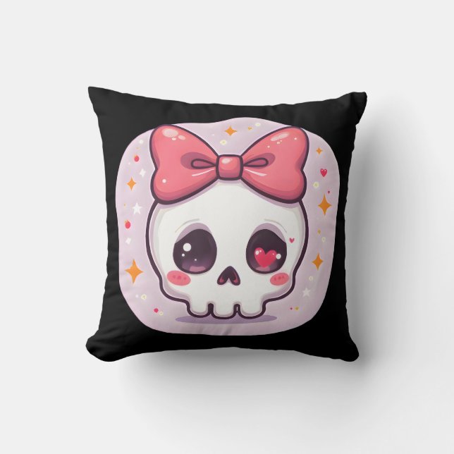 Cute Pastel Goth Skull with Bow Cushion (Front)