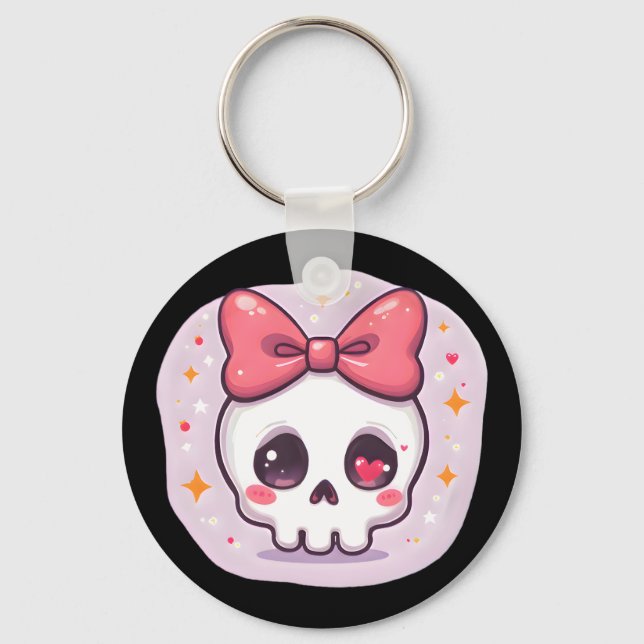 Cute Pastel Goth Skull with Bow Key Ring (Front)