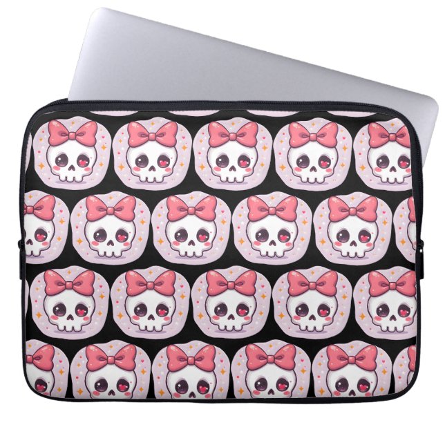 Cute Pastel Goth Skull with Bow Laptop Sleeve (Front)