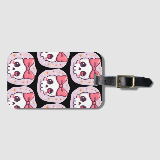 Cute Pastel Goth Skull with Bow Luggage Tag (Front Horizontal)