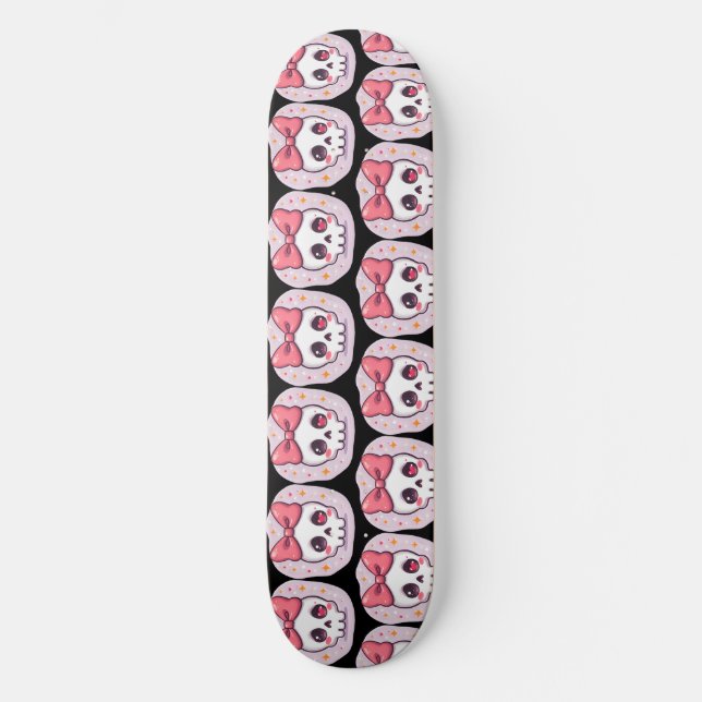Cute Pastel Goth Skull with Bow Skateboard (Front)
