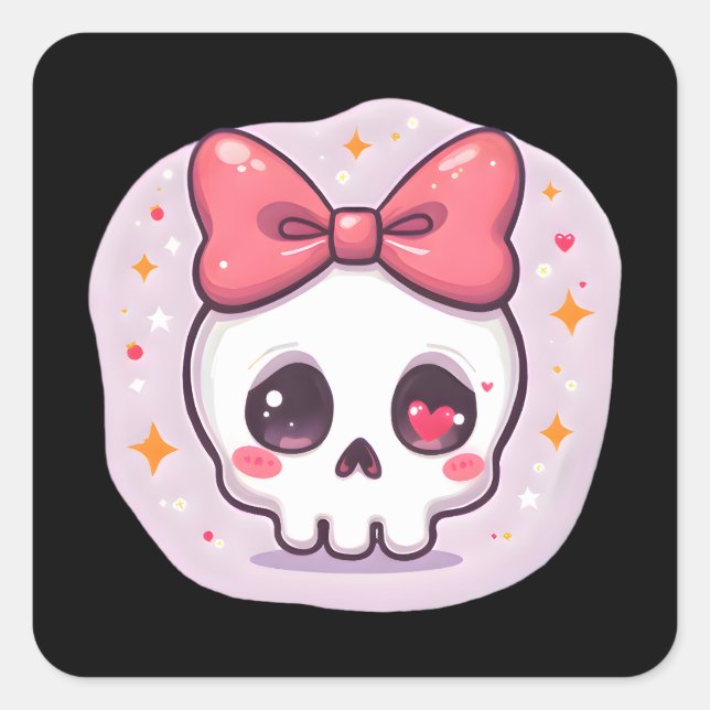 Cute Pastel Goth Skull with Bow Square Sticker (Front)