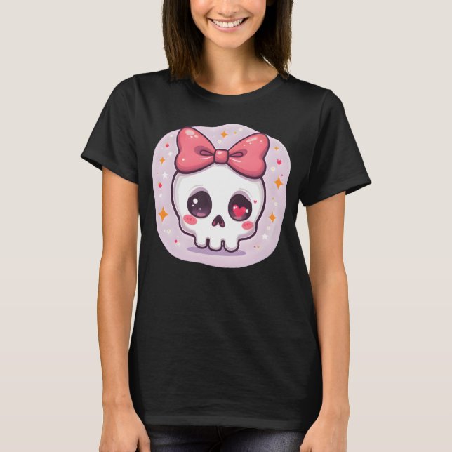 Cute Pastel Goth Skull with Bow T-Shirt (Front)