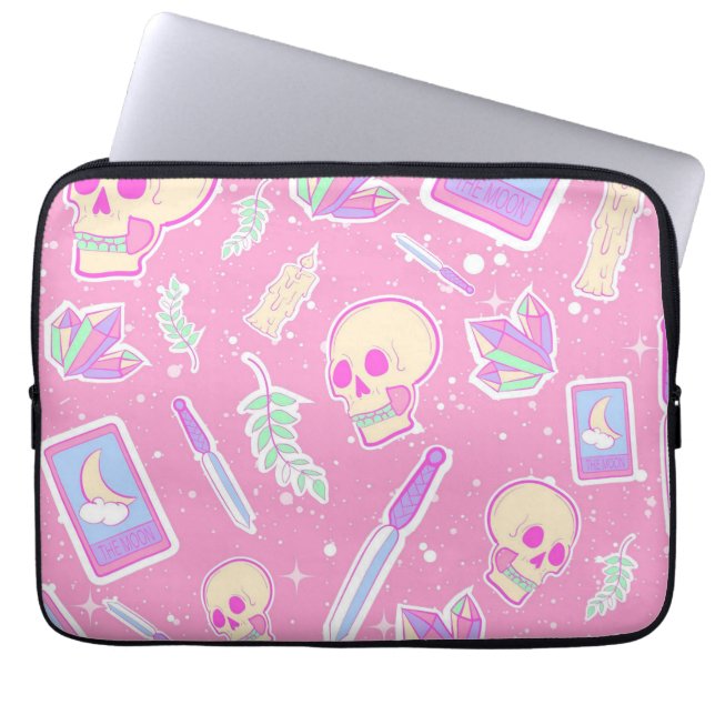 Cute Pastel Goth Witchy Pattern with Skulls, Cryst Laptop Sleeve (Front)