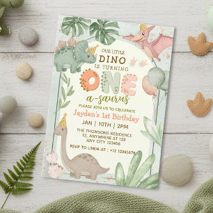 Cute Pastel Green Dinosaur One-A-Sauraus Birthday Invitation