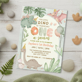 Cute Pastel Green Dinosaur One-A-Sauraus Birthday Invitation