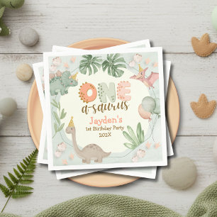 Cute Pastel Green Dinosaur One A Saurus Birthday  Napkin