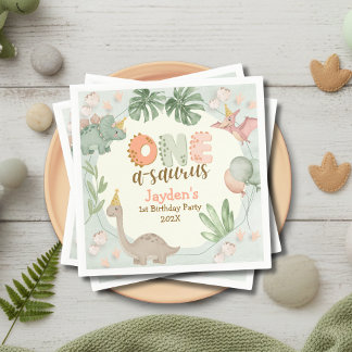 Cute Pastel Green Dinosaur One A Saurus Birthday  Napkin