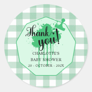 Cute Pastel Green Gingham Baby Shower Classic Round Sticker