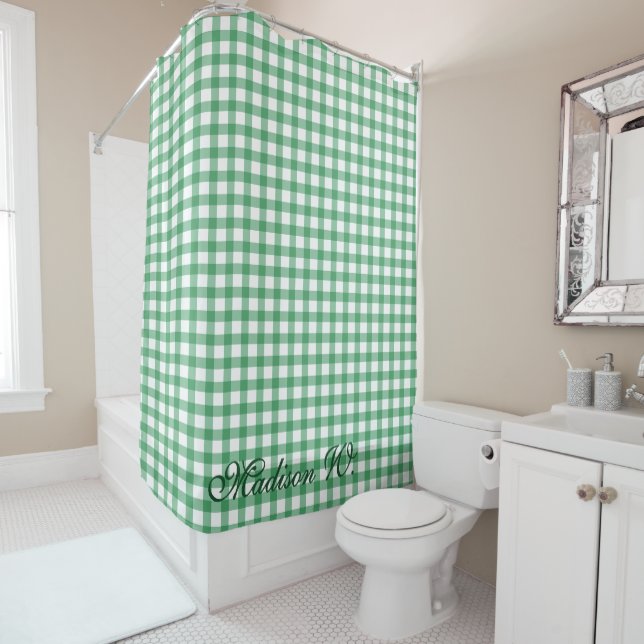 Cute Pastel Green Gingham Pattern Shower Curtain (In Situ)