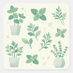 Cute Pastel Green Potted Herbs and Leaves Square Sticker