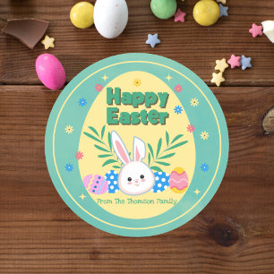 Cute Pastel Green Yellow Bunny Happy Easter  Classic Round Sticker