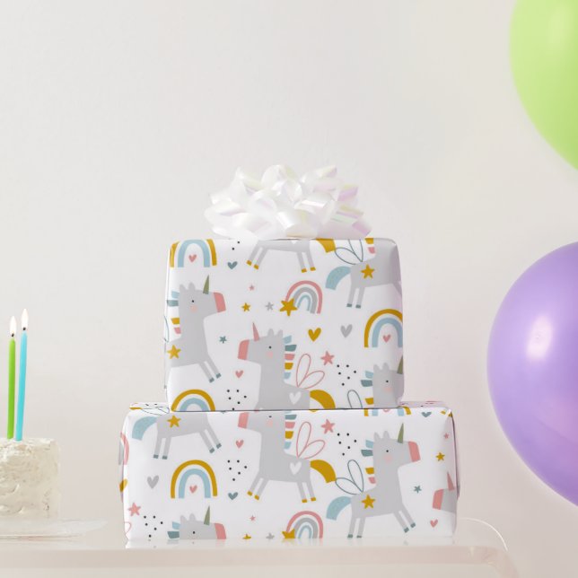 Cute Pastel Grey Blush Teal Boho Unicorn Rainbows Wrapping Paper (Party Gifts)