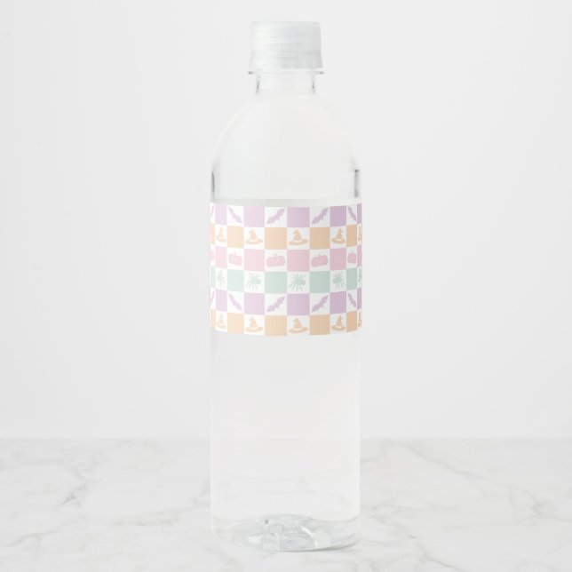 Cute Pastel Halloween Graphics & Chequerboard  Water Bottle Label (Front)