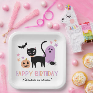 Cute Pastel Halloween Happy Birthday Name Paper Plate