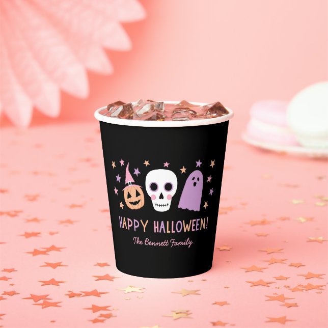 Cute Pastel Halloween Skull Ghost Pumpkin Name Paper Cups (Insitu)