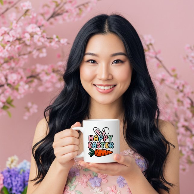  Cute Pastel Happy Easter Bunny Ears with Carrot Coffee Mug (Creator Uploaded)
