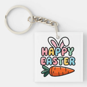 Cute Pastel Happy Easter Bunny Ears with Carrot Key Ring