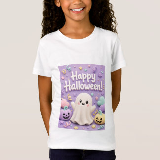 Cute Pastel Happy Halloween Little Ghost & Pumpkin T-Shirt