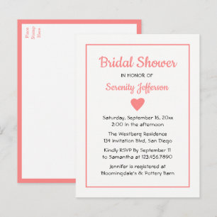Cute Pastel Heart Minimalist Pink Bridal Shower Invitation Postcard