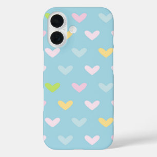 Cute Pastel Hearts Pattern Light Blue iPhone 16 Case
