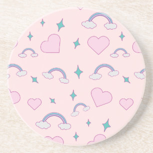 Cute Pastel Hearts & Rainbow Pattern   Kawaii Pink Coaster