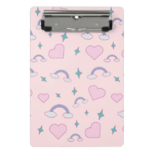 Cute Pastel Hearts & Rainbow Pattern   Kawaii Pink Mini Clipboard