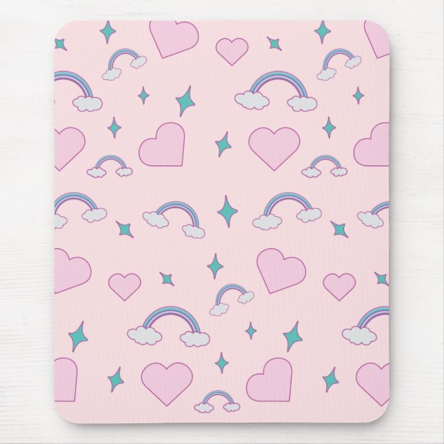 Cute Pastel Hearts & Rainbow Pattern | Kawaii Pink Mouse Mat (Front)