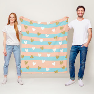 Cute Pastel Hearts Stripe with Shimmering Gold Fleece Blanket