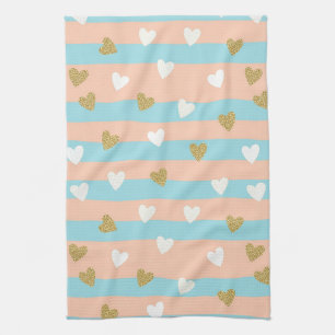 Cute Pastel Hearts Stripe with Shimmering Gold Tea Towel