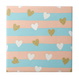 Cute Pastel Hearts Stripe with Shimmering Gold Tile