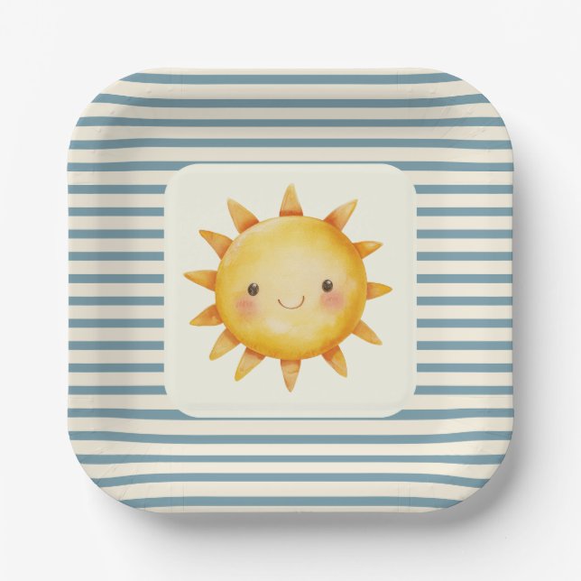 Cute pastel here comes the son baby shower paper plate (Front)