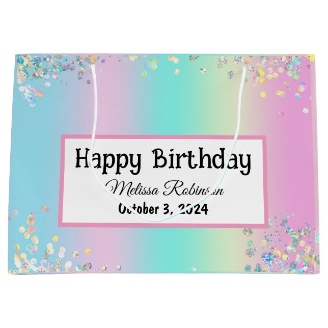 Cute Pastel Holographic Happy Birthday  Large Gift Bag (Front)