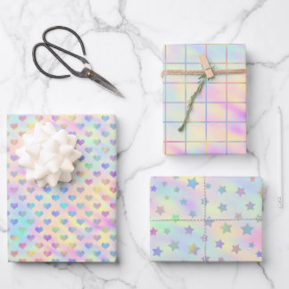 Cute, Pastel, Holographic Heart, Star and Square Wrapping Paper Sheet