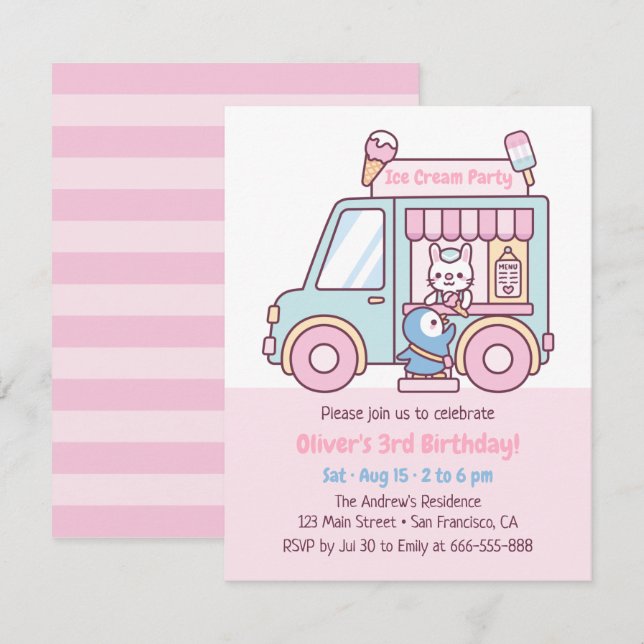 Cute Pastel Ice Cream Truck Kids Birthday Party Invitation (Front/Back)