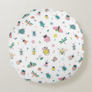 Cute Pastel Insect and Bug Pattern Round Cushion