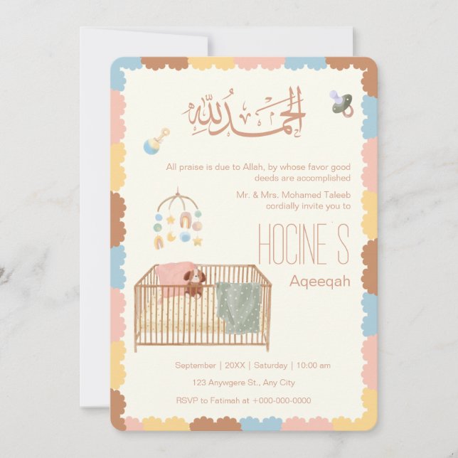 Cute Pastel Islamic Aqeeqah Baby Announcement (Front)