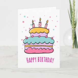 Cute Pastel Kawaii Birthday Cake with Stars Card