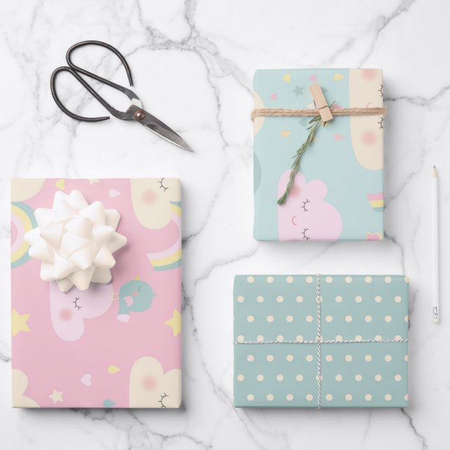 Cute Pastel Kawaii Clouds Rainbow Pattern Wrapping Paper Sheet (Front)