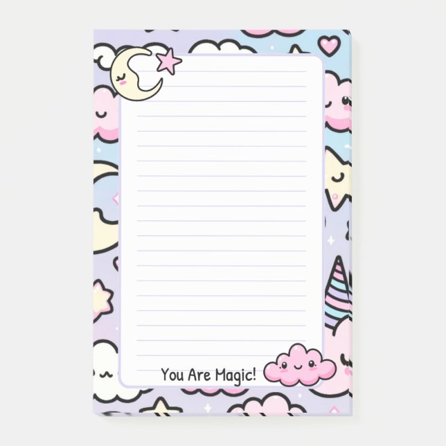 Cute Pastel Kawaii Unicorn Clouds & Stars Notepad (Front)