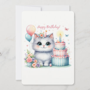 Cute Pastel Kitten Birthday Cake - Birthday Card