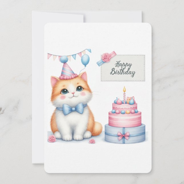 Cute Pastel Kitten Birthday Cake - Birthday Card (Front)