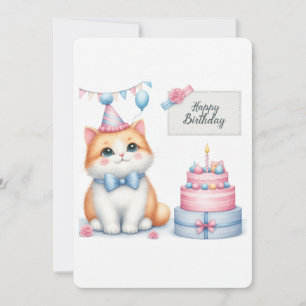 Cute Pastel Kitten Birthday Cake - Birthday Card