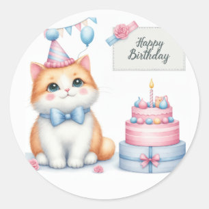 Cute Pastel Kitten Birthday Cake - Birthday Classic Round Sticker