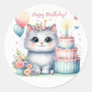 Cute Pastel Kitten Birthday Cake - Birthday Classic Round Sticker