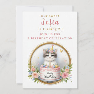 Cute Pastel Kitten Birthday Cake - - Birthday Invitation