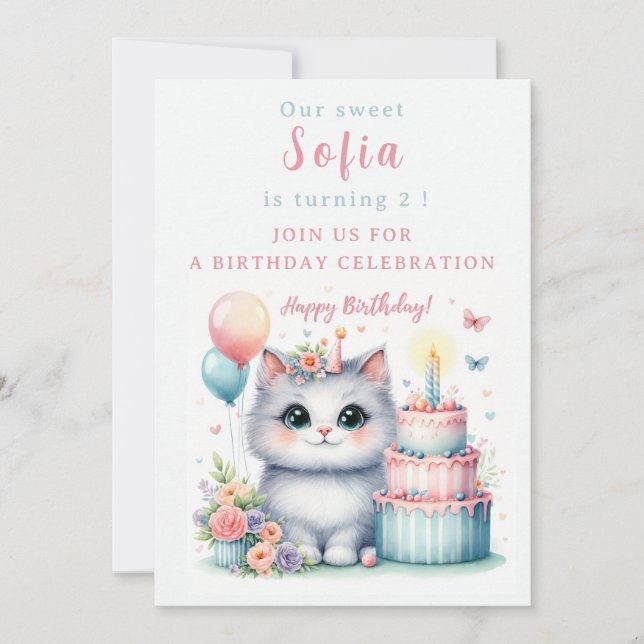 Cute Pastel Kitten Birthday Cake - Birthday  Invitation (Front)